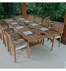 Salon de jardin en teck massif qualité Ecograde© Vence, table rectangulaire Sydney extensible 1.94 à 2.94 m + 8 fauteuils empilables Lombok avec coussins écrus