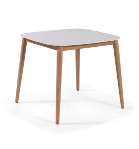 Table avec pieds en teck et plateau en Duranite® blanc 90 x 90 cm Kimito