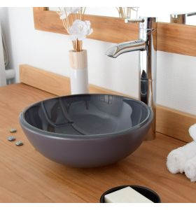 Vasque de salle de bain à poser de forme ronde en verre gris Rany