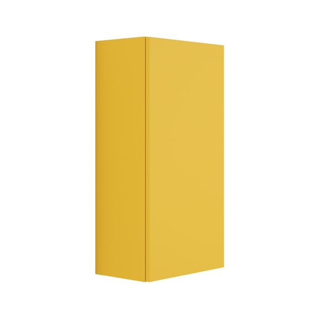 Demi colonne de salle de bains suspendue Odda laquée jaune curry de 130 cm de hauteur avec 1 porte.