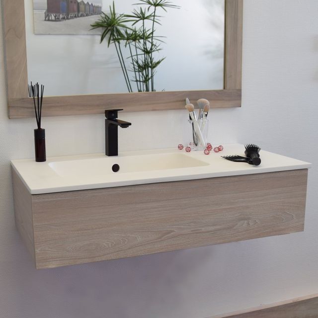 Meuble suspendu avec 1 tiroir de 90 cm + plan vasque en solid surface, Heden finition bois blanchi