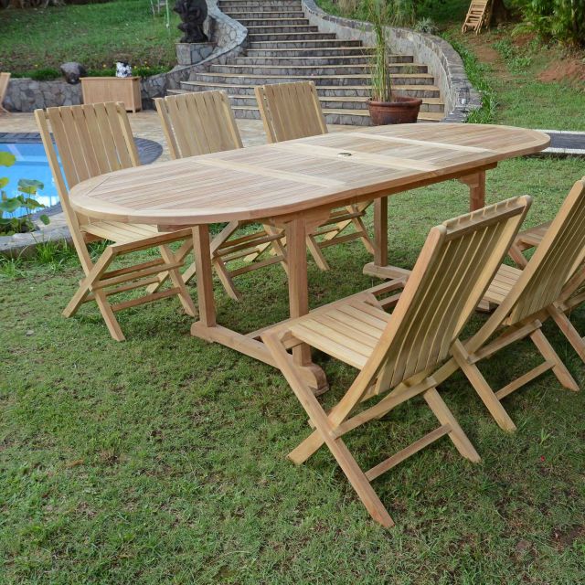 Salon de jardin en teck massif de qualité Ecograde© Toga, table ovale Vérone extensible de 1.60 à 2.40 m + 6 chaises pliantes Karimun