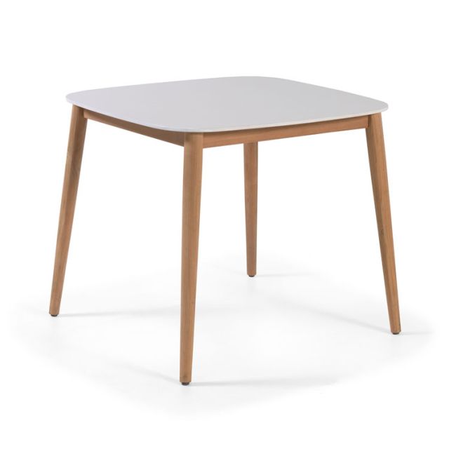 Table avec pieds en teck et plateau en Duranite® blanc 90 x 90 cm Kimito