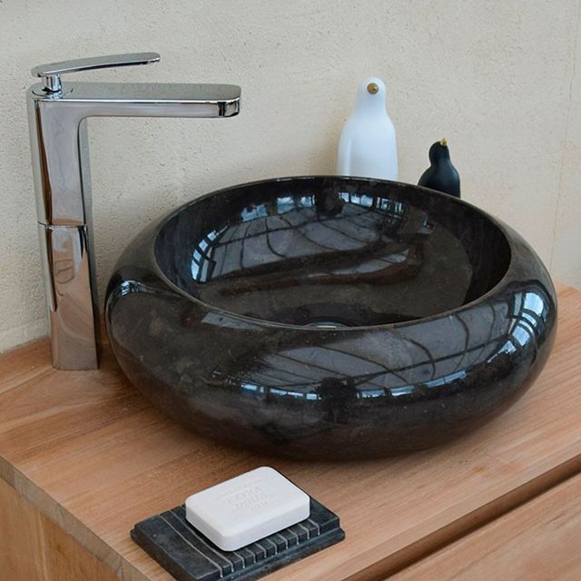 Vasque Luna ronde en marbre poli Noir 40 cm  